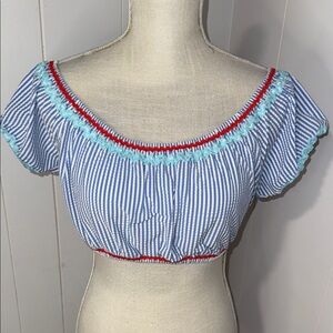 J. Crew Blue Striped Crop Top with Red and Light Blue Trim
